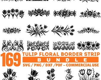 Könnte beinhalten: Eine Sammlung von 169 schwarzen Tulpen-Blütenrandstreifen-Designs. Die Designs umfassen verschiedene Tulpenarrangements, Blumenmuster und dekorative Elemente. Der Text "TULIP FLORAL BORDER STRIP BUNDLE" wird in Orange angezeigt.