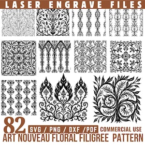 Könnte beinhalten: Eine Sammlung von 82 Art Nouveau floralen Filigranmustern in Schwarz und Weiß. Das Bild enthält verschiedene Designs, darunter symmetrische und asymmetrische Blumenmotive, mit dem Text "LASER ENGRAVE FILES" und "SVG / PNG / DXF / PDF COMMERCIAL USE".