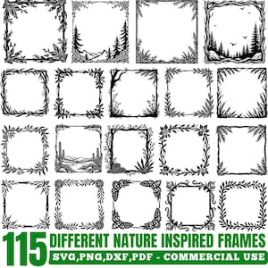 Puede incluir: Una colección de 115 marcos diferentes inspirados en la naturaleza en blanco y negro. Los marcos presentan varios diseños botánicos y paisajísticos, incluyendo hojas, árboles y montañas. La imagen también incluye el texto "115 DIFFERENT NATURE INSPIRED FRAMES SVG, PNG, DXF, PDF - COMMERCIAL USE."