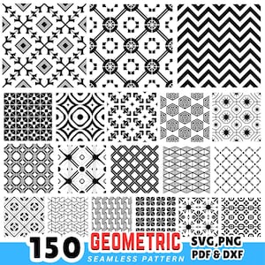Puede incluir: Una colección de 150 patrones geométricos sin costuras en blanco y negro. Los patrones incluyen varias formas y diseños, como diamantes, chevrones y formas geométricas. La imagen también incluye el texto "GEOMETRIC SEAMLESS PATTERN" y "SVG, PNG, PDF & DXF".
