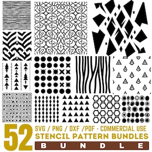 May include: A collection of 52 black and white stencil patterns in various geometric and organic designs. The image includes text that reads "SVG / PNG / DXF / PDF - COMMERCIAL USE STENCIL PATTERN BUNDLES". The word "BUNDLE" is also visible.