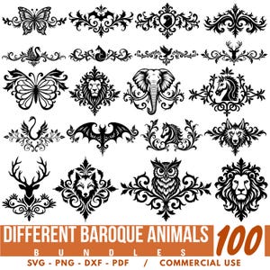 Puede incluir: Una colección de 100 diseños de animales barrocos negros, incluyendo mariposas, cisnes, leones, elefantes, caballos, lobos, búhos y ciervos. Los diseños están en formatos SVG, PNG, DXF y PDF, aptos para uso comercial. El texto dice "DIFFERENT BAROQUE ANIMALS 100".