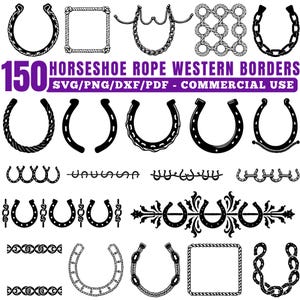 May include: A selection of 150 black and white horseshoe and rope western borders. The image features diverse designs of horseshoes, rope frames, and decorative elements. Text at the top reads "150 HORSESHOE ROPE WESTERN BORDERS".