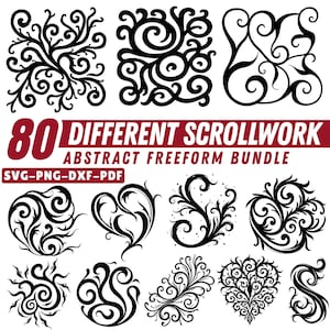 May include: An image showcasing a collection of 80 different scrollwork designs in black. The designs are abstract and freeform, with various swirling and floral patterns. Text reads "80 DIFFERENT SCROLLWORK ABSTRACT FREEFORM BUNDLE SVG-PNG-DXF-PDF".