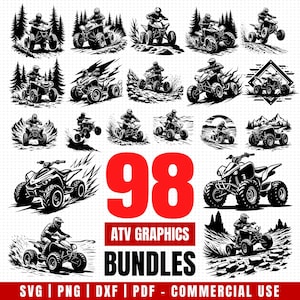 Op de afbeelding: Zwart-wit ATV-graphics bundel met 98 ontwerpen. De afbeeldingen tonen ATV's in verschillende actieposities, waaronder rijden door bossen, over rotsen en springen. De tekst luidt "98 ATV GRAPHICS BUNDLES".