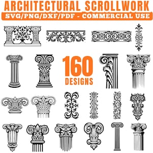 Op de afbeelding: Zwart-witte architecturale scrollwork-ontwerpen, waaronder kolommen en decoratieve randen. De afbeelding toont de tekst "ARCHITECTURAL SCROLLWORK" en "160 DESIGNS". De ontwerpen zijn beschikbaar in SVG-, PNG-, DXF- en PDF-formaten voor commercieel gebruik.