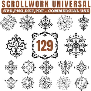 May include: A collection of black scrollwork designs in various floral and ornamental patterns. The designs include swirls, flourishes, and symmetrical arrangements. The number 129 is displayed in a brown box with a decorative border. The text "SCROLLWORK UNIVERSAL" and "SVG, PNG, DXF, PDF - COMMERCIAL USE" are at the top.