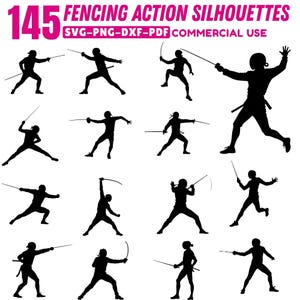 Puede incluir: Una colección de 145 siluetas negras de esgrima en acción en varias poses. La imagen incluye el texto "FENCING ACTION SILHOUETTES" y "SVG-PNG-DXF-PDF COMMERCIAL USE".