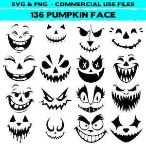 Pode incluir: Uma coleção de 16 designs de rostos de abóbora em preto e branco para o Halloween. A imagem inclui várias expressões, de sorridentes a assustadoras, com o texto "SVG & PNG - COMMERCIAL USE FILES" e "136 PUMPKIN FACE" no topo.