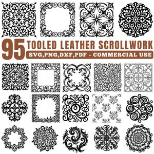 Può includere: Una collezione di 95 disegni di scrollwork in pelle lavorata in bianco e nero. I disegni includono cornici quadrate, motivi circolari e motivi floreali. Il testo sull'immagine recita "95 TOOLEd LEATHER SCROLLWORK SVG, PNG, DXF, PDF - COMMERCIAL USE."