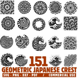 May include: A selection of 151 geometric Japanese crest designs in black and white. The designs feature circular patterns, waves, and swirling motifs. The text "151 Geometric Japanese Crest" is displayed in brown, along with file type information.