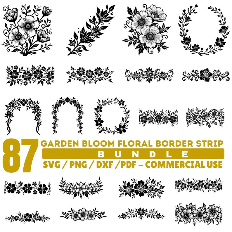 Floral Border Strip Repeat Bundle SVG, Garden Bloom Horizontal Frame ...