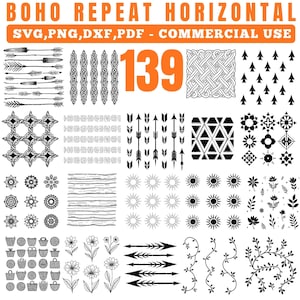 May include: A collection of 139 black and white boho-style design elements, including arrows, geometric patterns, floral designs, and sunbursts. The text "BOHO REPEAT HORIZONTAL" and "SVG, PNG, DXF, PDF - COMMERCIAL USE" are displayed.