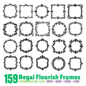 Può includere: Una collezione di 20 cornici nere con decorazioni floreali e a volute, in varie forme, rotonde, quadrate ed esagonali. L'immagine include anche il testo "159 Regal Flourish Frames" e "COMMERCIAL USE SVG - DXF - PNG - PDF".