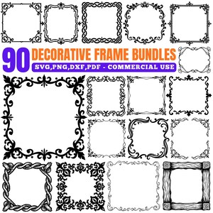 Puede incluir: Una colección de 90 paquetes de marcos decorativos en varios estilos, incluyendo diseños florales, ornamentados y geométricos. Los marcos son en blanco y negro, con el texto "90 DECORATIVE FRAME BUNDLES" e información del tipo de archivo.