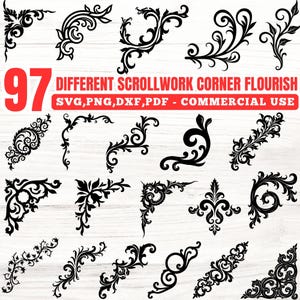 May include: Ninety-seven black scrollwork corner flourish designs are displayed. The designs feature a variety of floral and ornamental patterns. Text in the image reads: "97 DIFFERENT SCROLLWORK CORNER FLOURISH SVG, PNG, DXF, PDF - COMMERCIAL USE."
