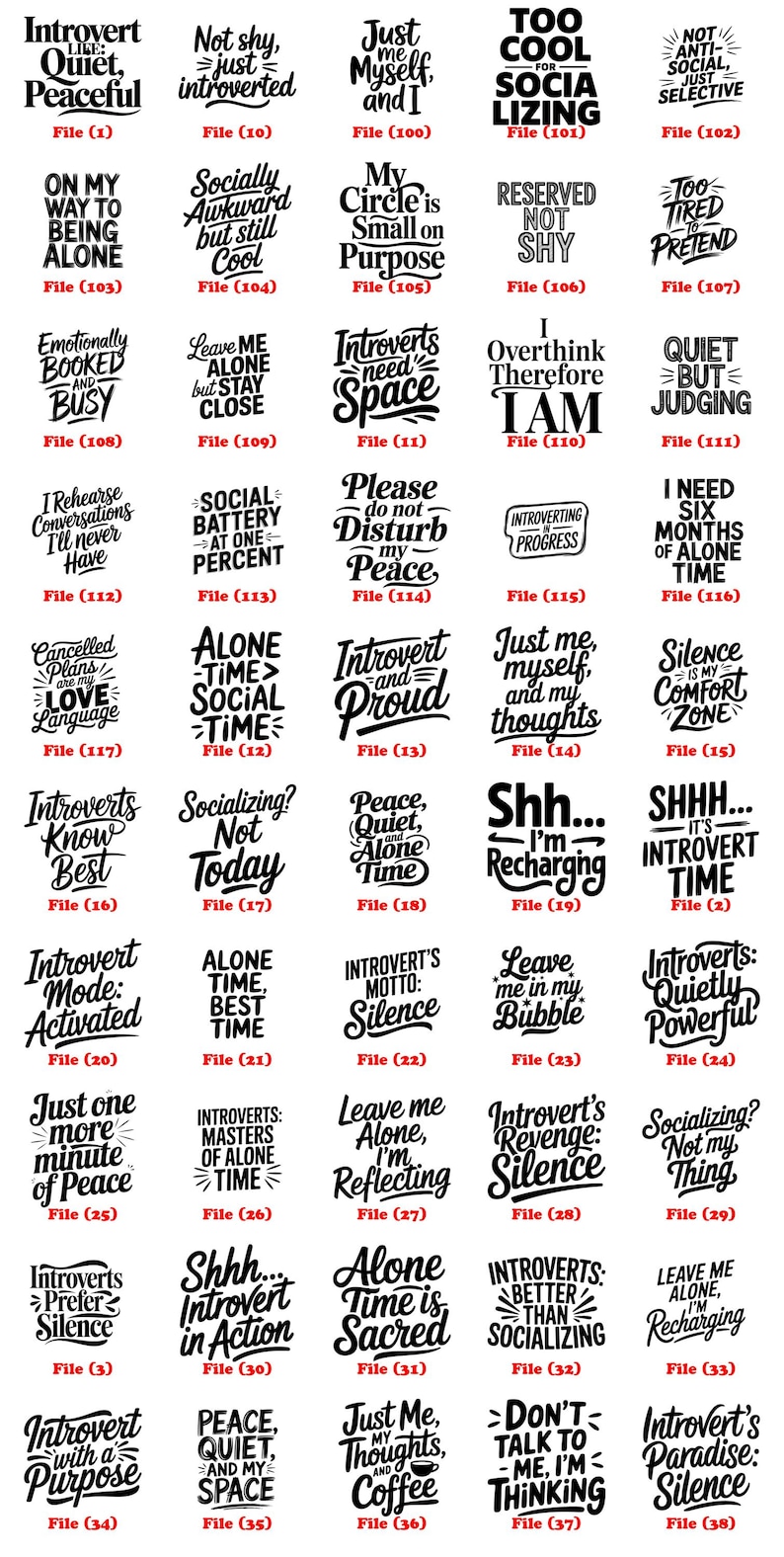May include: A collection of black and white text designs with phrases about introversion, including "Introvert: Quiet, Peaceful," "Just Me, Myself, and I," and "Introverts need Space."
