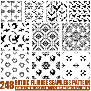Könnte beinhalten: Eine Sammlung von neun nahtlosen Gothic-Filigranmustern in Schwarz und Weiß. Die Muster umfassen Fledermäuse, Monde, Herzen, Kreuze und verzierte florale Designs. Der Text "248 GOTHIC FILIGREE SEAMLESS PATTERN" befindet sich unten.
