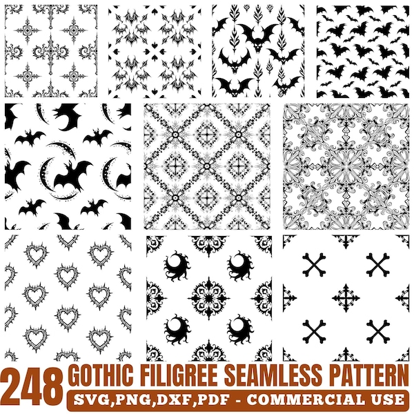 Victorian Gothic Lace Filigree Seamless Pattern SVG Bundle, Ornamental Damask Digital Papers, instant downloads