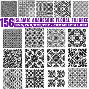 Islamic Arabesque Floral Filigree Seamless Pattern SVG Bundle, Arabic Ornament Vector Designs instant downloads