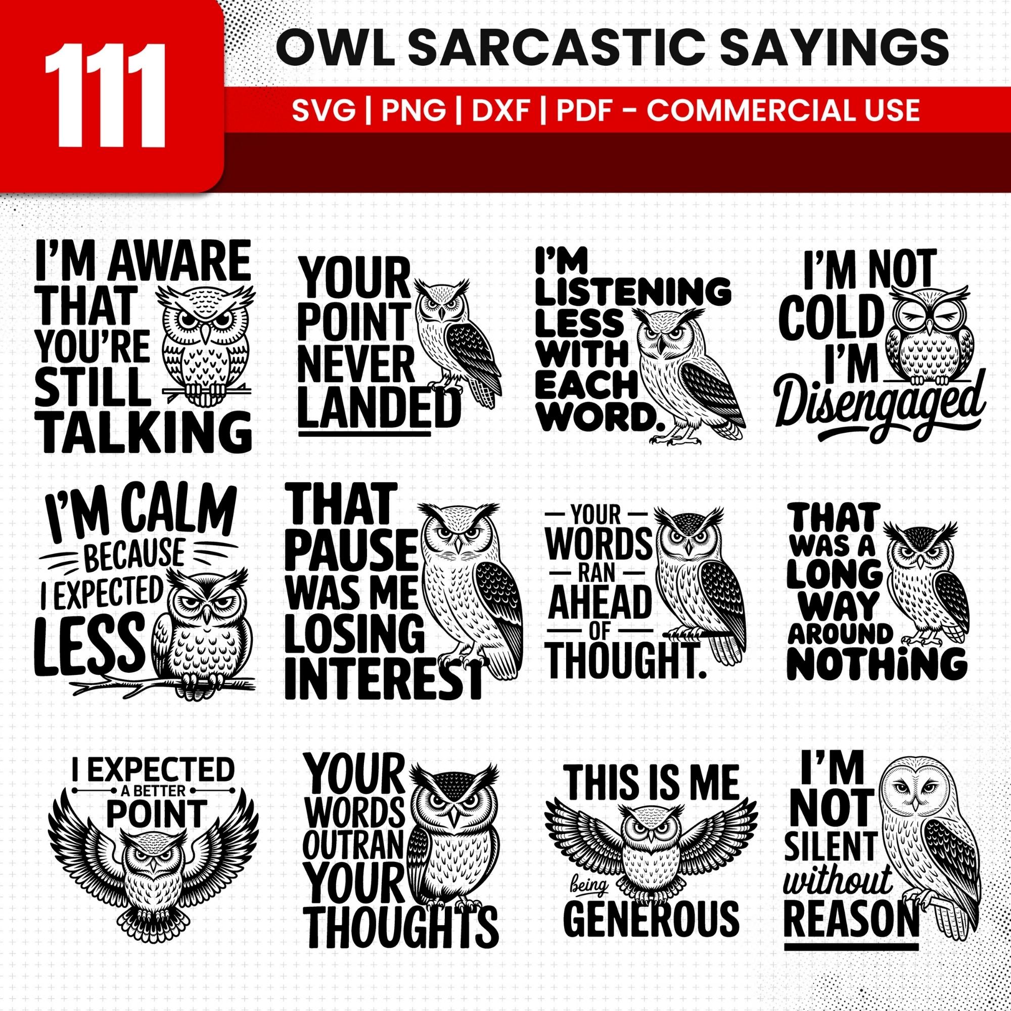 Owl Sarcastic Sayings SVG PNG PDF Dxf Bundle for Funny Craft Projects instant downloads