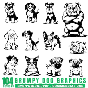 Könnte beinhalten: Schwarz-Weiß-Illustrationen verschiedener Hunderassen mit grimmigen Gesichtsausdrücken. Das Bild zeigt verschiedene Rassen, darunter Schnauzer, Bulldogge und Mops. Der Text "104 Grumpy Dog Graphics" ist unten zu sehen.