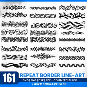 May include: A collection of 161 black repeat border line-art designs. The designs include floral, wave, and geometric patterns. The text "REPEAT BORDER LINE-ART" is displayed in blue, along with file type information.