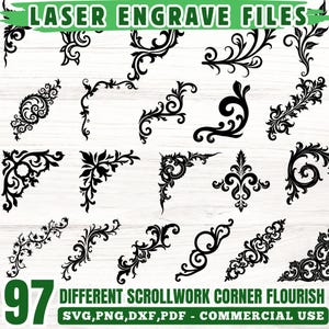 Puede incluir: Una colección de 97 adornos de esquina de volutas negras diferentes para grabado láser. La imagen incluye varios diseños de esquina decorativos con el texto "LASER ENGRAVE FILES" y "DIFFERENT SCROLLWORK CORNER FLOURISH". Los formatos de archivo son SVG, PNG, DXF y PDF.