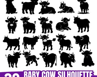 レーザー彫刻ファイル 赤ちゃん牛のシルエット SVG PNG PDF & Dxf バンドル 即時ダウンロード