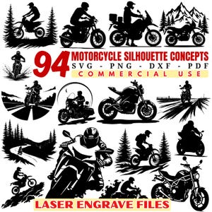 May include: A collection of 94 motorcycle silhouette concepts in black, suitable for laser engraving. The designs include various motorcycle types, riders, and scenic backgrounds. Text on the image reads: "MOTORCYCLE SILHOUETTE CONCEPTS SVG PNG DXF PDF COMMERCIAL USE LASER ENGRAVE FILES."