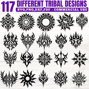 Peut inclure: Une collection de 117 motifs tribaux noirs différents, de formes et de styles variés. Les motifs comprennent des motifs géométriques, des éclats de soleil et des motifs en forme de flammes. Le texte en haut indique "117 DIFFERENT TRIBAL DESIGNS" et "SVG, PNG, DXF, PDF - COMMERCIAL USE".
