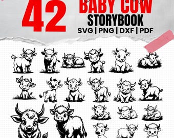 レーザー彫刻ファイル Baby Cow Storybook SVG PNG Pdf & Dxf バンドルの即時ダウンロード
