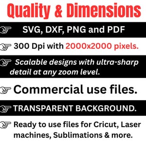 May include: Image with text: "Quality & Dimensions" and file formats SVG, DXF, PNG, and PDF. It specifies 300 DPI with 2000x2000 pixels, scalable designs, commercial use files, and a transparent background. Ready to use files for Cricut, Laser machines, Sublimations & more.