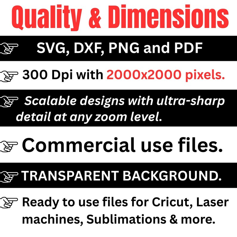 May include: Image with text: "Quality & Dimensions" and file formats SVG, DXF, PNG, and PDF. It specifies 300 DPI with 2000x2000 pixels, scalable designs, commercial use files, and a transparent background. Ready to use files for Cricut, Laser machines, Sublimations & more.