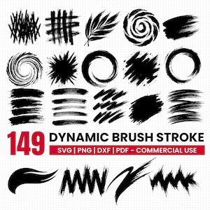 May include: A collection of 149 dynamic black brush stroke designs in various shapes, including swirls, lines, and splatters. The text "149 DYNAMIC BRUSH STROKE" is displayed in red and white, with file format options below.