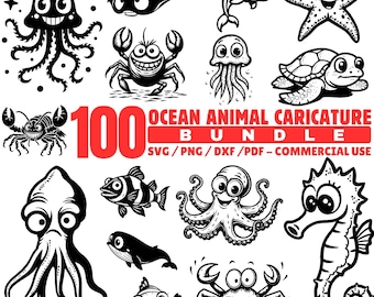 Pakiet karykatur zwierząt oceanicznych w formacie SVG, PNG, PDF i DXF do natychmiastowego pobrania z materiałami DIY
