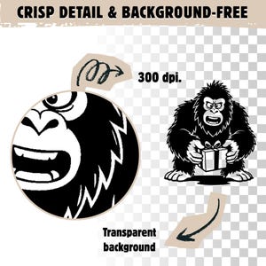 May include: Black and white cartoon illustrations of a gorilla. One is a close-up of the gorilla's face, and the other shows the gorilla holding a gift. Text includes "CRISP DETAIL & BACKGROUND-FREE", "300 dpi.", and "Transparent background."