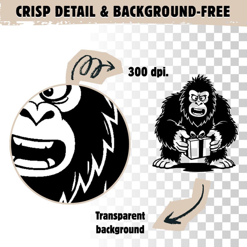 May include: Black and white cartoon illustrations of a gorilla. One is a close-up of the gorilla's face, and the other shows the gorilla holding a gift. Text includes "CRISP DETAIL & BACKGROUND-FREE", "300 dpi.", and "Transparent background."