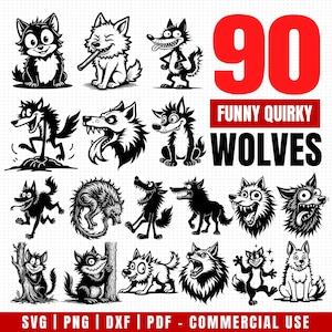 May include: A collection of 16 black and white cartoon wolf illustrations with various expressions. The image includes the text "90 FUNNY QUIRKY WOLVES" in red and white, along with file type options: SVG, PNG, DXF, PDF, and "COMMERCIAL USE."