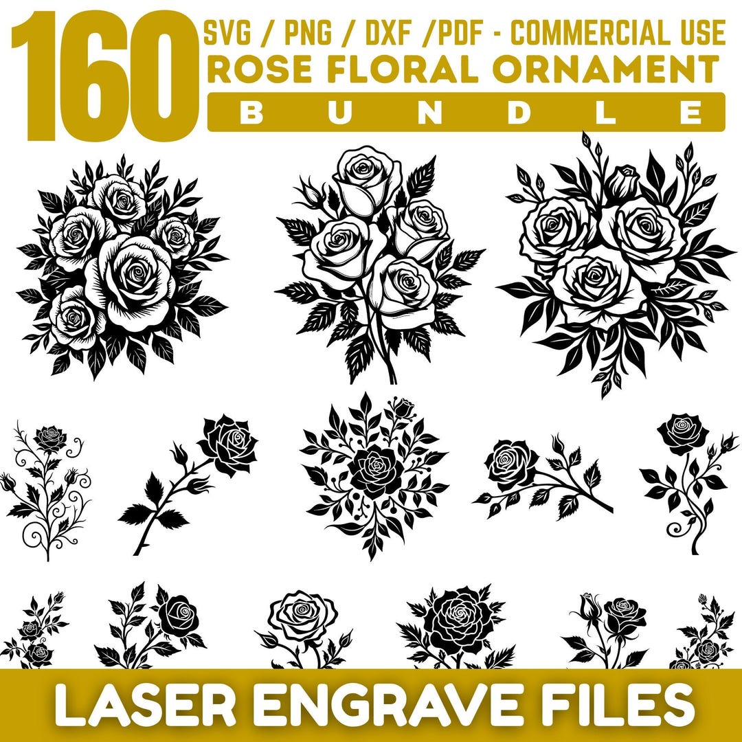 Elegant Rose Floral Ornament SVG Bundle for Laser Engraving, Vintage ...