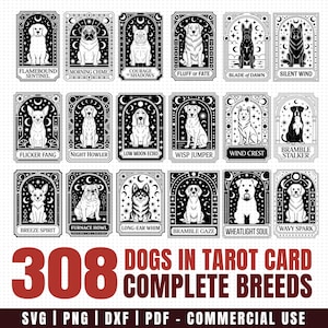 May include: A set of 20 black and white dog tarot cards, each depicting a different breed with a unique illustration and title. The image also includes the text "308 DOGS IN TAROT CARD COMPLETE BREEDS". The cards are framed with decorative borders.