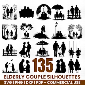 May include: A collection of 135 black silhouette images of elderly couples in various poses and settings. The images include couples walking, sitting, and dancing. The text "ELDERLY COUPLE SILHOUETTES" is displayed below the images, along with file type information.