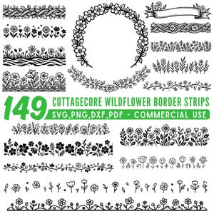 Puede incluir: Una colección de 149 bordes de flores silvestres de estilo cottagecore en blanco y negro. La imagen incluye coronas florales, pancartas y varios diseños florales y de hojas. El texto verde dice "149 COTTAGECORE WILDFLOWER BORDER STRIPS SVG, PNG, DXF, PDF - COMMERCIAL USE."