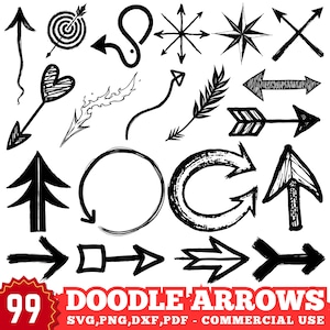Doodle pijlen Svg Png Pdf & Dxf bundel, speelse handgetekende pijl clipart voor Cricut-ambachten, kaarten maken, scrapbooking en vinylprojecten