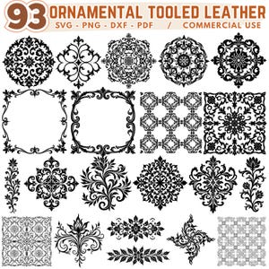 May include: A collection of 93 black ornamental tooled leather designs in various shapes and patterns. The designs include floral, geometric, and symmetrical elements, suitable for commercial use. Text includes "SVG - PNG - DXF - PDF".