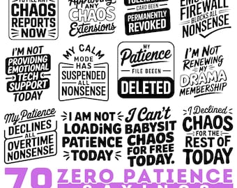 Pakiet sarkastycznych cytatów Zero Patience w formatach SVG, PNG, PDF i DXF do natychmiastowego pobrania