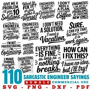 Könnte beinhalten: Eine Sammlung von 110 sarkastischen Ingenieur-Sprüchen in Schwarz und Weiß, mit etwas Text in Türkis. Die Sätze sind in verschiedenen Schriftarten und Stilen gehalten, wobei die Wörter "Solutions", "Coffee" und "Vacation" hervorgehoben sind. Das Bild enthält den Text "SVG - PNG - DXF - PDF".