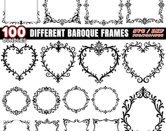 Paquete SVG PNG de marco barroco, archivos de grabado láser ornamentados