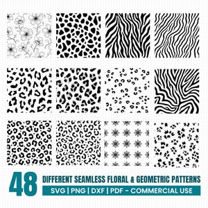 Peut inclure: Une collection de 48 motifs sans couture en noir et blanc. Les motifs comprennent des imprimés floraux, animaliers et géométriques. Le texte "48 DIFFERENT SEAMLESS FLORAL & GEOMETRIC PATTERNS SVG | PNG | DXF | PDF - COMMERCIAL USE" est inclus.