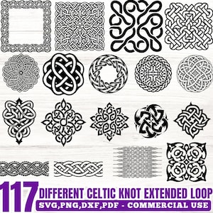 Pode incluir: Uma coleção de 117 desenhos de nós celtas em preto e branco em várias formas, incluindo quadrados, círculos e padrões intrincados. A imagem inclui o texto "DIFFERENT CELTIC KNOT EXTENDED LOOP" e informações sobre o tipo de arquivo.